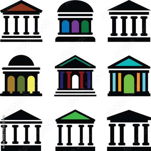 Collection of stylized classical building icons with colorful entrances