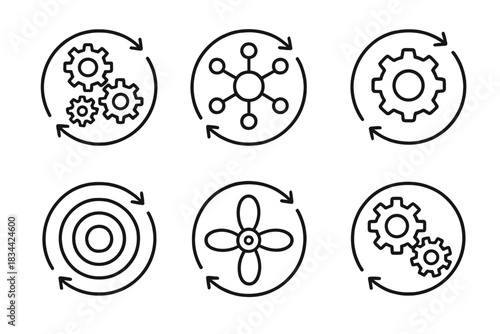 Swirling Dream Icons. Line vector icons of swiveling wish results: spinning dream cogs, turning hope mechanisms, rotating