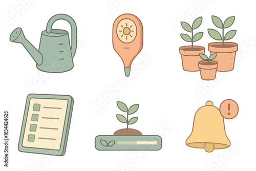 Indoor Plant Care Icons. Isometric vector illustration set of indoor plant management: watering can with measurement marks,