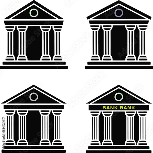 Four classic bank building icons with columns and pediments