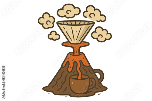 Volcanic Coffee Dripper. Whimsical doodle pour-over dripper shaped like a volcanic mountain, coffee flowing like lava with cozy