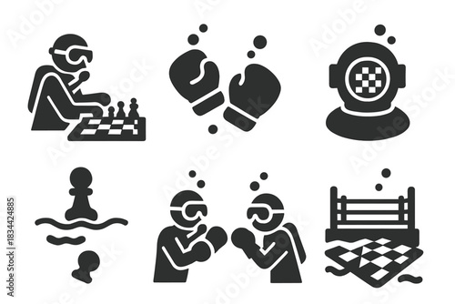 Underwater Chess Boxing Icons. Solid style icons of underwater chess boxing: diver playing chess, boxing gloves underwater, helmet