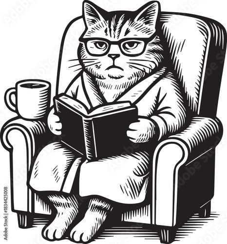 cute cat with coffee and book