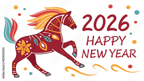 Vector illustration stylized folk art illustration of a rearing horse with 2026 happy new year text