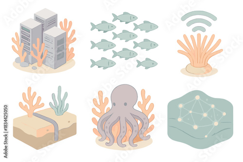 Digital Ocean Metaphors. Isometric vector illustration set of digital ocean metaphors: coral reef made of servers, synchronized