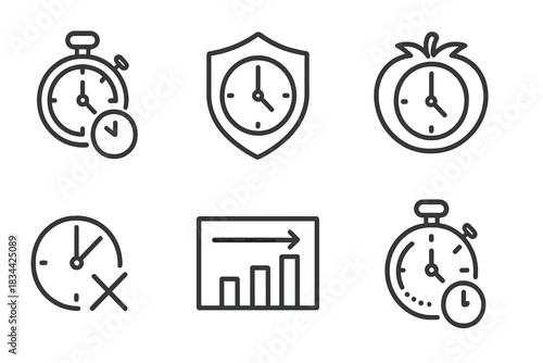 Time Management Icons. Line style icons of time-boxing techniques: sprint timer icon, time box badge, Pomodoro clock, time
