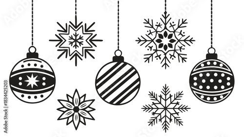 Vector illustration collection of black and white hanging christmas ornaments and snowflakes
