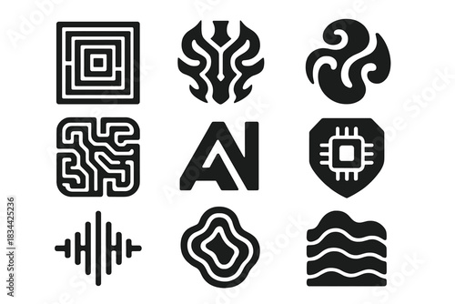 AI Tattoo Icons. Solid style icons of AI-styled tattoo genres: geometric pattern matrix, cyber tribal icon, fluid organic swirl.