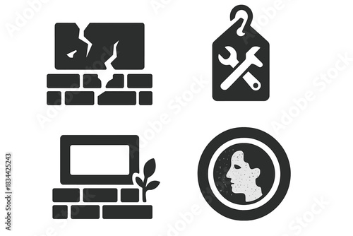 Urban Heritage Icons. Solid style icons of urban heritage recovery: destroyed plaque icon, restoration tag glyph, memory wall