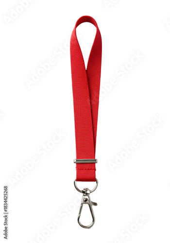 Intense crimson red nylon lanyard strap with visible tight weave texture, reflecting light on a chrome swivel hook clip against a transparent studio background. Concept for corporate branding and