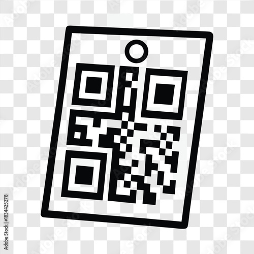 Vector illustration black and white icon of a rectangular tag featuring a prominent quick response code and a hole punch at the top center