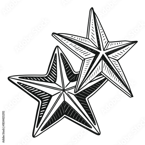 Vector illustration two stylized fivepointed nautical stars with detailed etching and shading