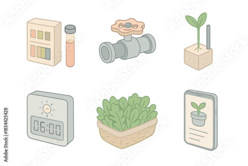 Indoor Farming Controls. Isometric vector illustration set of indoor farming controls: pH balance test kit, adjustable water valve
