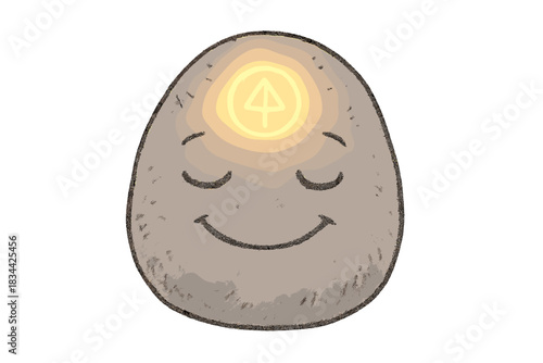Glowing Sigil Stone Face. Friendly doodle stone face with a softly lit sigil etched into its brow, calm expression and inner glow,