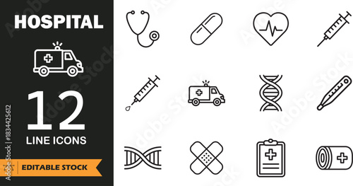 Hospital and medical healthcare line icons set featuring ambulance, stethoscope, syringe and DNA vector illustration