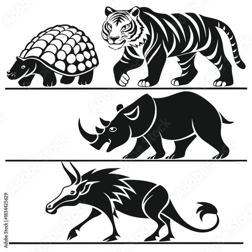 Vector illustration collection of black and white silhouette vector icons featuring a tiger, tortoise, rhinoceros, and wild boar