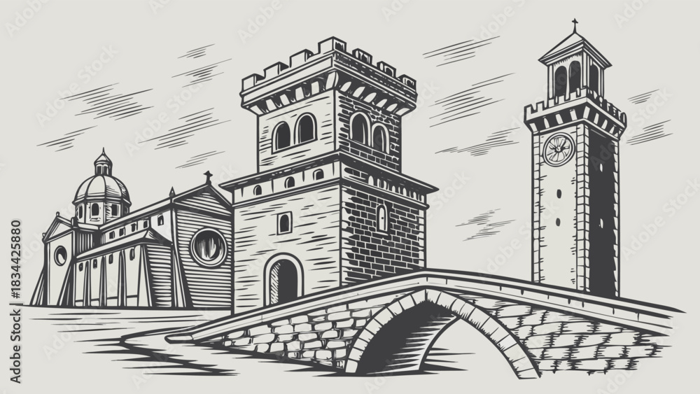 Obraz premium Vector illustration engraving style illustration of an ancient european town square featuring a stone bridge, a fortress tower, and a church