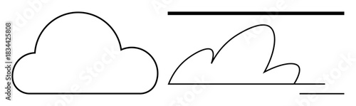 Weather patterns, cloud computing, digital minimalism, atmospheric design, abstract simplicity, line art. Two cloud shapes with horizontal lines. Weather patterns and cloud computing concept
