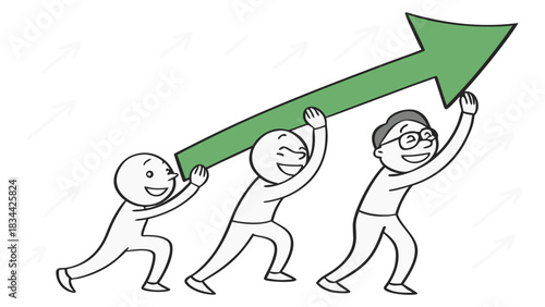 Vector illustration three stick figures collaboratively lifting a large green arrow pointing upwards