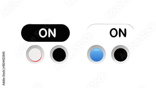 ON and OFF button switch with toggle and status indicator circles in black and white with red and blue accents