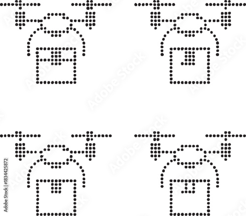 Isolated drone delivery icon set, four dot style drone silhouette, minimal dotted transport symbol, equal dot spacing, modern simple black vector design for buyers