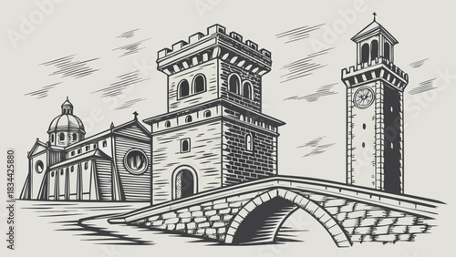 Vector illustration engraving style illustration of an ancient european town square featuring a stone bridge, a fortress tower, and a church