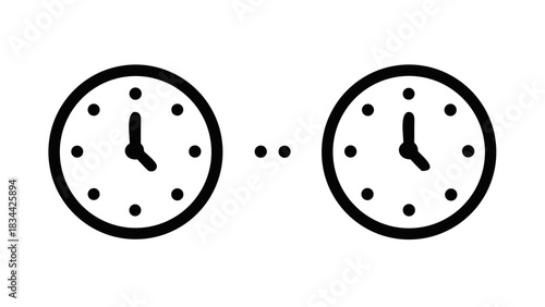 Abstract illustration depicting the passage of time, continuous flow, and chronological sequence through a minimalist icon set of linked clocks