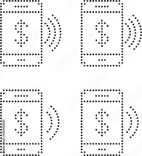 Isolated mobile payment icon set, four dot style pay silhouette, minimal dotted finance symbol, equal dot spacing, modern simple black vector design for buyers