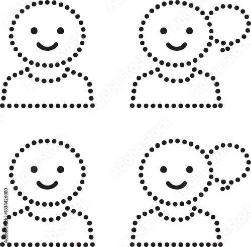 Isolated ai assistant icon set, four dot style assistant silhouette, minimal dotted helper symbol, equal dot spacing, modern simple black vector design for buyers