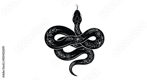 Intricately designed black snake with delicate white floral patterns and dots, creating a mystical and bohemian tattoo-style illustration.