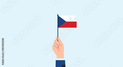 Business hand in a formal suit sleeve holds the national flag of the Czech Republic, symbolizing patriotism, diplomacy, or national events.