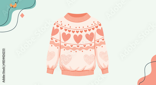 Cozy and warm pink knitted sweater with a charming heart pattern, perfect for Valentine's Day or comfortable winter fashion illustrations.