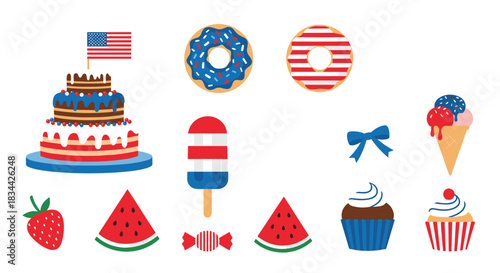 Festive collection of Fourth of July treats, including a patriotic cake, donuts, ice cream, and watermelon, for an American holiday celebration.