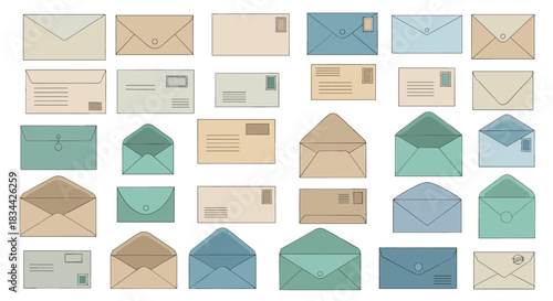 Large collection of vintage-style envelopes in various colors and designs, including open, closed, and stamped versions for correspondence.