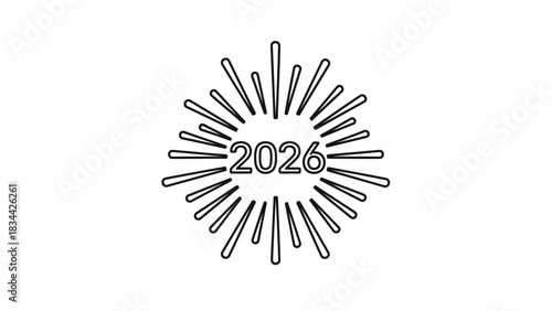 Year 2026 with radiating lines celebrating new year, future, and events isolated on white background, Vector