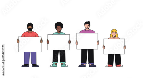 Diverse group of four young people of different ethnicities holding blank white signs, perfect for adding your own message or text.