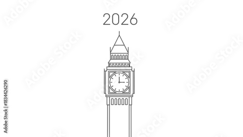 London big ben clock tower with year 2026 above, minimalist line art design isolated on white background, Vector