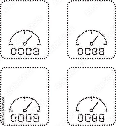Isolated smart energy meter icon set, four dot style meter silhouette, minimal dotted power symbol, equal dot spacing, modern simple black vector design for buyers