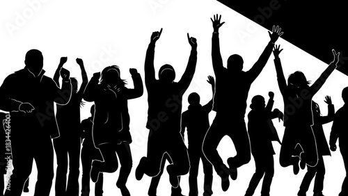 Joyful silhouettes of diverse people celebrating, jumping, and raising hands up high isolated on white background, Vector