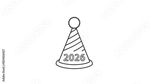 Minimalist line art party hat with 2026, new year celebration vector icon isolated on white background, Vector