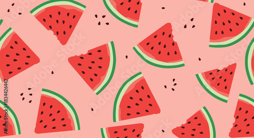Playful seamless pattern with bright red watermelon slices and black seeds scattered across a solid pink background, perfect for summer.