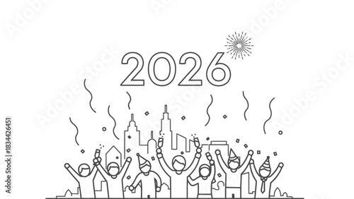 Line art illustration of happy people celebrating new year 2026 with confetti and fireworks. isolated on white background, Vector