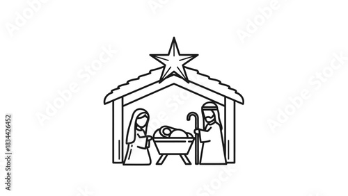 Simple nativity scene line art vector with holy family and shining star isolated on white background, Vector