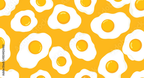 Bright and cheerful seamless pattern of cartoon fried eggs scattered across a vibrant yellow background, great for breakfast-themed designs.
