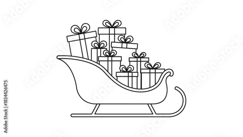 Christmas sleigh full of wrapped gift boxes line art illustration symbol isolated on white background, Vector