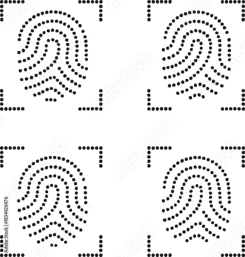 Isolated biometric finger scan icon set, four dot style scan silhouette, minimal dotted id symbol, equal dot spacing, modern simple black vector design for buyers
