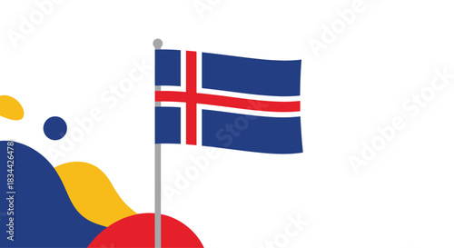 Patriotic illustration of the national flag of Iceland waving on a flagpole, with abstract colorful shapes decorating the corner.