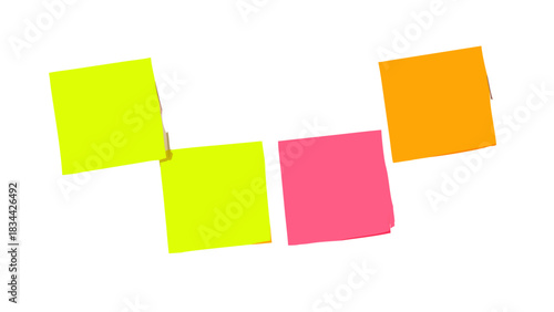 Vibrant blank sticky notes arrayed on a pure white background, offering a fresh canvas for your creative ideas, important reminders, or efficient daily task organization and brainstorming sessions
