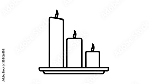 Three lit candles, different heights, simple outline icon, white background isolated on white background, Vector