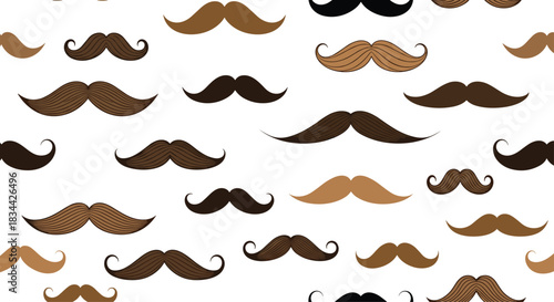 Masculine seamless pattern featuring a variety of retro mustache styles in shades of brown and black on a clean white background.